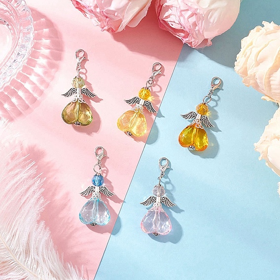 5шт. подвесные украшения в виде сердца ангела из стекла и акрила, с карабин-лобстерами 