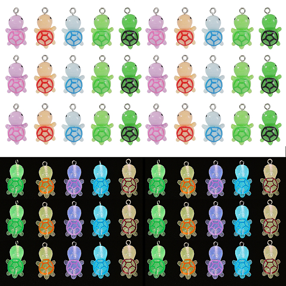 60шт. 10 стили светящиеся прозрачные и непрозрачные подвески из смолы наборы, прелести морской черепахи, светится в темноте, с платиновыми тоновыми железными петлями