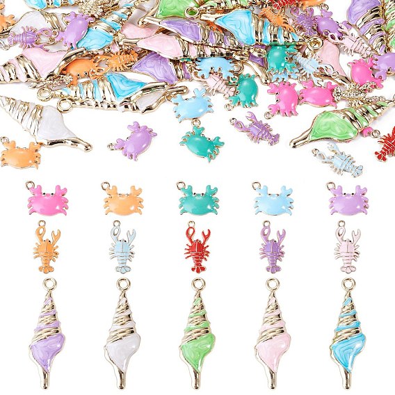 60Pcs 15 Styles Alloy and Enamel Big Pendants, Conch and Crab Shape, Cadmium Free & Nickel Free & Lead Free, Golden