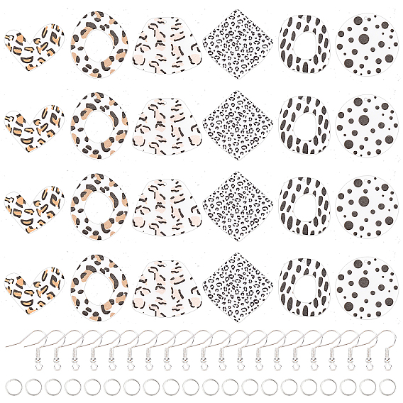 24Pcs 6 Style Mixed Pattern Opaque Acrylic Pendants, for DIY Earring Accessories, with Iron Earring Hooks & Jump Ring, Rhombus & Heart & Flat Round