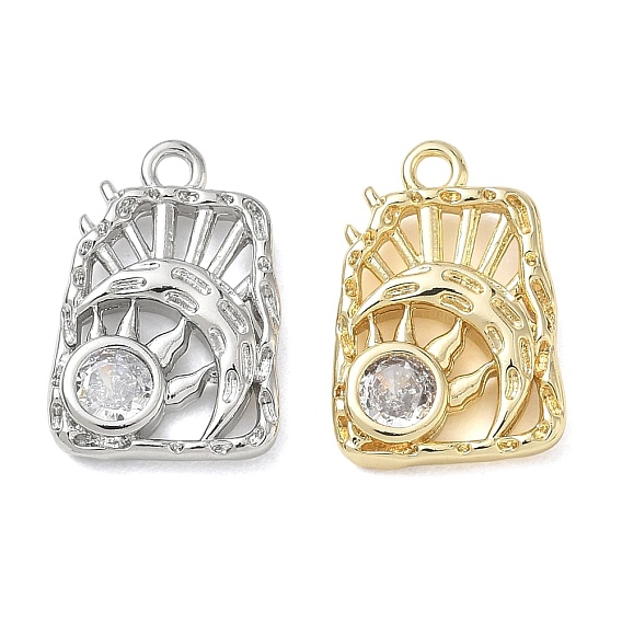 Brass Pave Clear Cubic Zirconia Pendants, Rectangle with Sun Charms