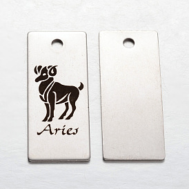 Spray Painted 201 Stainless Steel Pendants, Rectangle with Twelve Constellation/Zodiac Signs, 38x16x1mm, Hole: 3mm