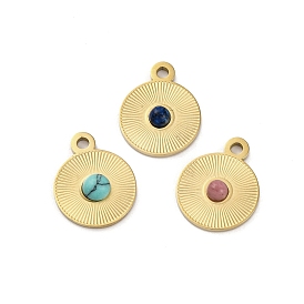 Real 14K Gold Plated 304 Stainless Steel Pave Gemstone Pendants, Flat Round Charms