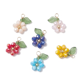 6Pcs 6 Styles Glass Pendants, with Brass Beads and Acrylic Leaf, Flower