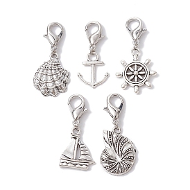 Marine Theme Alloy Pendant Decorations, with Lobster Claw Clasps, Shell/Boat/Anchor/Helm/Conch