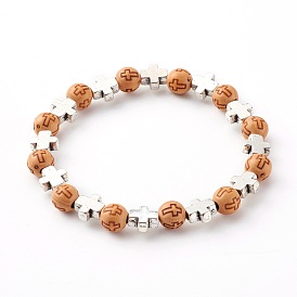 Bracelets de perles extensibles en acrylique imitation bois, avec des perles d'alliage, ronde avec la croix, Pérou