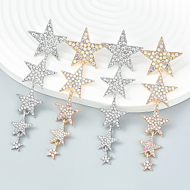 Sparkling Multi-layered Rhinestone Star Earrings for Girls - Long Geometric Ear Drops with Glamorous Charm