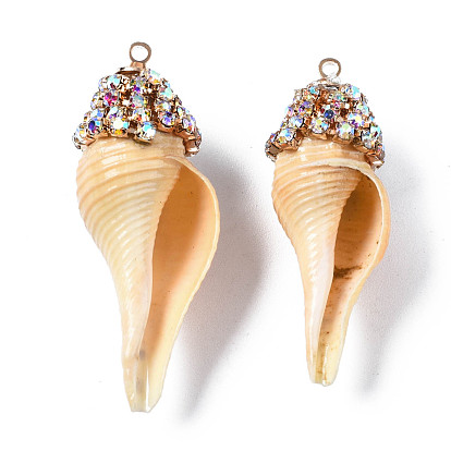 Natural Sea Shell Pendants, with Rhinestone Cup Chain and Golden Brass Loops
