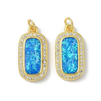 Brass Micro Pave Cubic Zirconia Pendants, Cadmium Free & Lead Free, with Synthetic Opal and Jump Ring, Rectangle