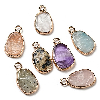 Natural Mixed Stone Pendants, Oval Charms with Golden Plated Brass Frame