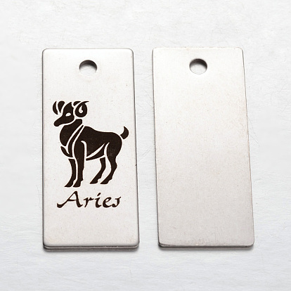 Spray Painted 201 Stainless Steel Pendants, Rectangle with Twelve Constellation/Zodiac Signs, 38x16x1mm, Hole: 3mm