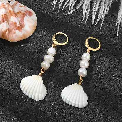 Shell Shape Natural Pearl & Shell Dangle Earrings for Women, with 304 Stainless Steel Finding