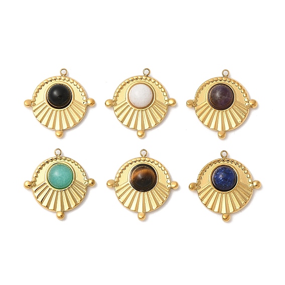 Природные каменные смешанные подвески, плоские круглые прелести, с 304 установками из нержавеющей стали, ионное покрытие (ip)