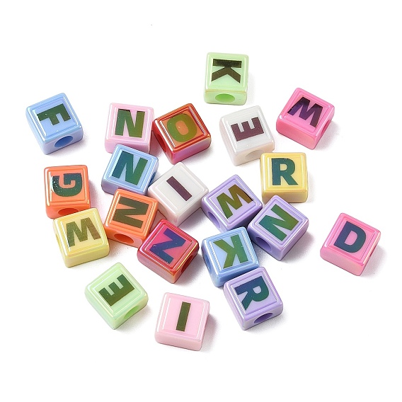 Непрозрачные акриловые бусины с УФ-покрытием, радужный, квадрат с буквой