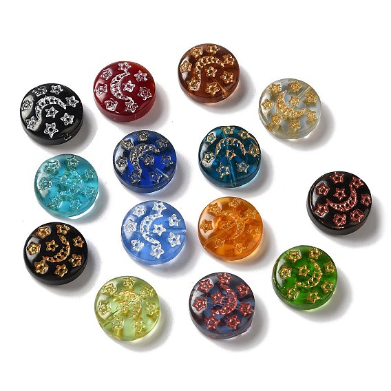 Прозрачные бусины лэмпворк, плоский круглый с луной и звездами