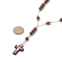 Natural Wood Round Rosary Bead Necklace, Cross Pendant Necklace with Brass Chains for Women