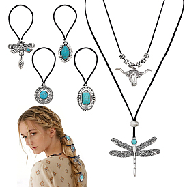 6Kits de collares y gomas para el pelo de turquesa sintética y aleación, con cordón de cuero de vaca