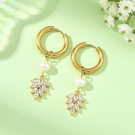 Brass Micro Pave Cubic Zirconia & Natural Cultured Freshwater Pearl Dangle Earrings, Leaf, 304 Stainless Steel Huggie Hoop Earrings