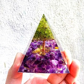 Orgonite Pyramid, Resin Pointed Home Display Decorations, with Natural Amethyst & Peridot Chips and Metal Findings inside, for Home Office Desk