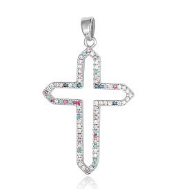 Brass Micro Pave Colorful Cubic Zirconia Pendants, Hollow Cross Charms