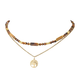 Древо жизни 304 подвеска из нержавеющей стали, цепочка с подвеской и двухслойные ожерелья из натурального тигрового глаза с прямоугольными и круглыми бусинами