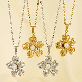 Французский стиль 304 ожерелья из нержавеющей стали с подвеской в виде цветка из натурального жемчуга