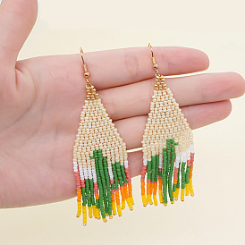 Minimalist Chic Mexican Flower Bead Cactus Tassel Earrings