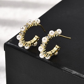 Серьги-гвоздики в форме буквы С из латуни с прозрачным кубическим цирконием, с пластмассовой жемчужиной abs, без кадмия и без свинца, долговечный, стойки покрытие