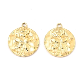 304 Stainless Steel Pendants, Flat Round with Rose Charm