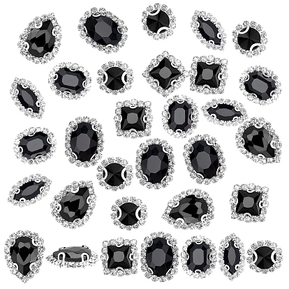 24Stk. 6 Stil zum Aufnähen von Strasssteinen, Glas Strass, mit Messing versilberten Zubehör, Bekleidungszubehör, Pferdeauge & rund & quadratisch & flach rund & tropfenförmig & oval