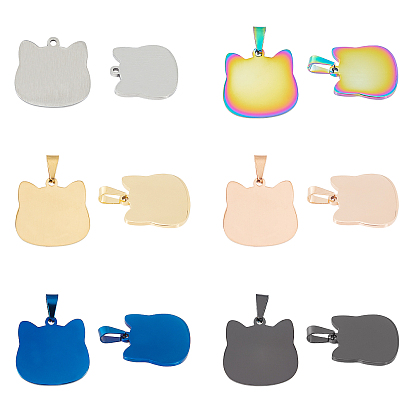12 pcs 6 couleurs pendentifs en acier inoxydable, estampillage d'une étiquette vierge, forme de chat