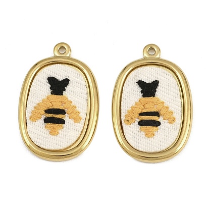 304 Anhänger aus Edelstahl und Stickerei, oval mit Bienenanhängern, orange, Ionenbeschichtung (ip), langlebig überzogen