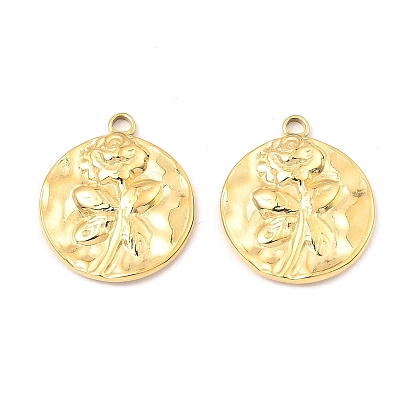 304 Stainless Steel Pendants, Flat Round with Rose Charm