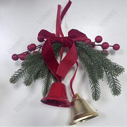 2Pcs Iron Bell Big Pendants & Plastic Artificial Pine Branches & PVC Artificial Christmas Berry & Velvet Ribbon Pendant Decorations, Bell
