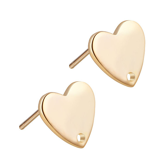 Brass Stud Earring Findings, with Loop and Steel Pins, Long-Lasting Plated, Real 18K Gold Plated, Heart