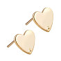 Brass Stud Earring Findings, with Loop and Steel Pins, Long-Lasting Plated, Real 18K Gold Plated, Heart