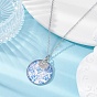 Steel Blue Glass Flat Round & Alloy Pendant Necklace, with 304 Stainless Steel Chains