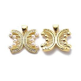 Brass Clear Cubic Zirconia Pendants, with ABS Plastic Imitation Pearl, Butterfly Charm