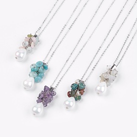Collares de piedras preciosas mixtas naturales, con perlas de concha en forma de lágrima, alfileres de cabeza de bola de latón, 304 argollas de acero inoxidable, pasadores de hierro y cadenas de cable de latón
