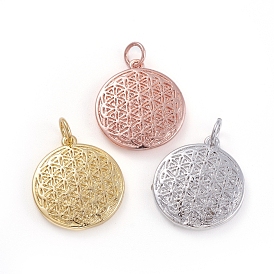 Brass Pendants, Spiritual Charms, with Jump Ring, Flat Round with Flower of Life