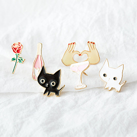 Little white and little black cat couple honeymoon wine bottle cup creative badge heart-shaped rose drop oil brooch