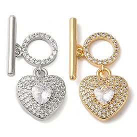 Brass Micro Pave Clear Cubic Zirconia Toggle Clasps, Heart