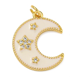 Rack Plating Brass Micro Pave Clear Cubic Zirconia Pendants, with Enamel and Jump Ring, Lead Free & Cadmium Free, Long-Lasting Plated, Moon