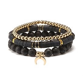 Synthetic Hematite & Polymer Clay Heishi Beads Stretch Bracelets Set, Natural Lava Rock Round Beads Oil Diffuser Stone Bracelets
, Crescent Moon Brass Charm Bracelets for Women, Golden