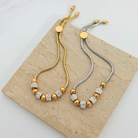 Bracelets coulissants ajustables en acier inoxydable avec perles de cristal et strass, Round & colonne