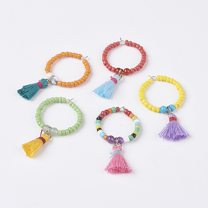 Gemstone Wine Glass Charms, with Glass Seed Beads and Random Color Cotton Tassel Pendant, Brass Findings