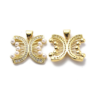 Brass Clear Cubic Zirconia Pendants, Cadmium Free & Lead Free, with ABS Plastic Imitation Pearl, Butterfly Charm