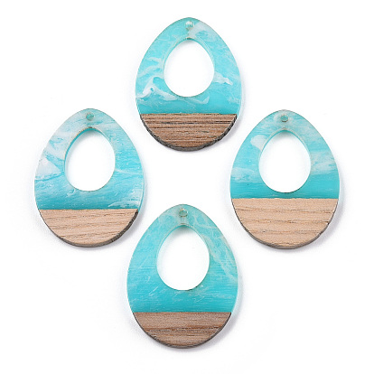 Transparent Resin & White Wood Pendants, Two Tone, Teardrop Charms