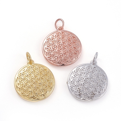 Brass Pendants, Cadmium Free & Lead Free, Spiritual Charms, with Jump Ring, Flat Round with Flower of Life