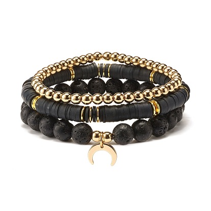 Synthetic Hematite & Polymer Clay Heishi Beads Stretch Bracelets Set, Natural Lava Rock Round Beads Oil Diffuser Stone Bracelets
, Crescent Moon Brass Charm Bracelets for Women, Golden